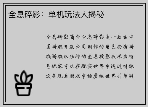 全息碎影：单机玩法大揭秘